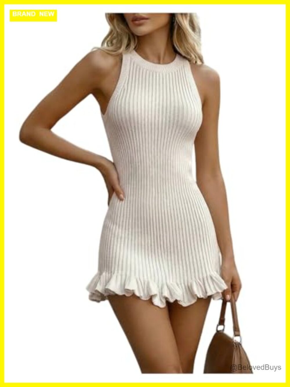 Ribbed Knit Mini Sweater Dress Sleeveless Ruffle Hem Bodycon Y2K